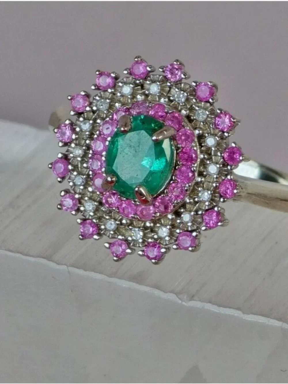 925 Sterling Silver Ring 7.5 with Natural Emerald Sapphires & Diamonds